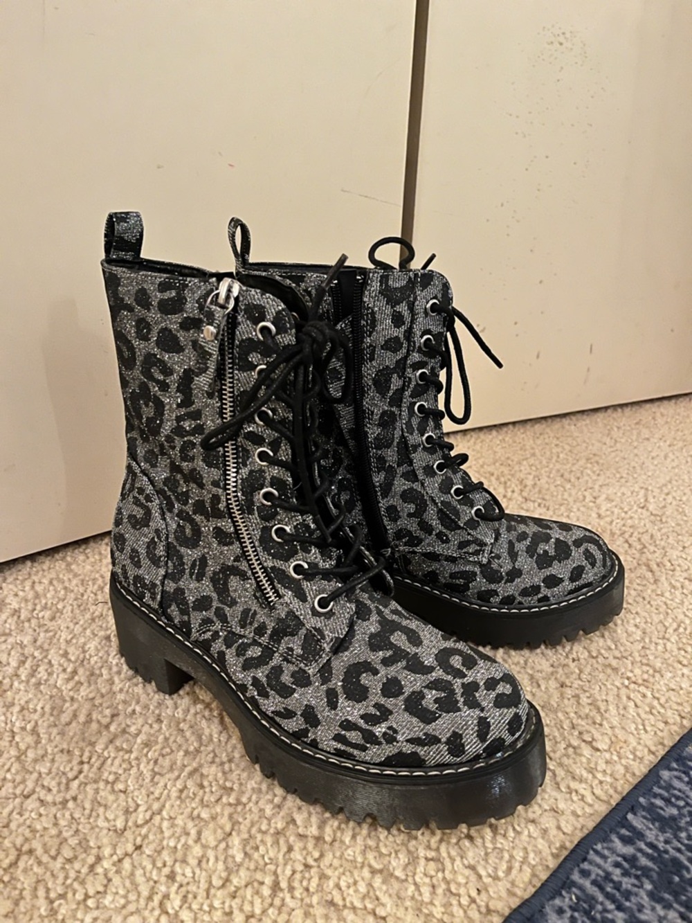 Mix No. 6 Gray sparkle Leopard Print Lace-Up Combat Boots